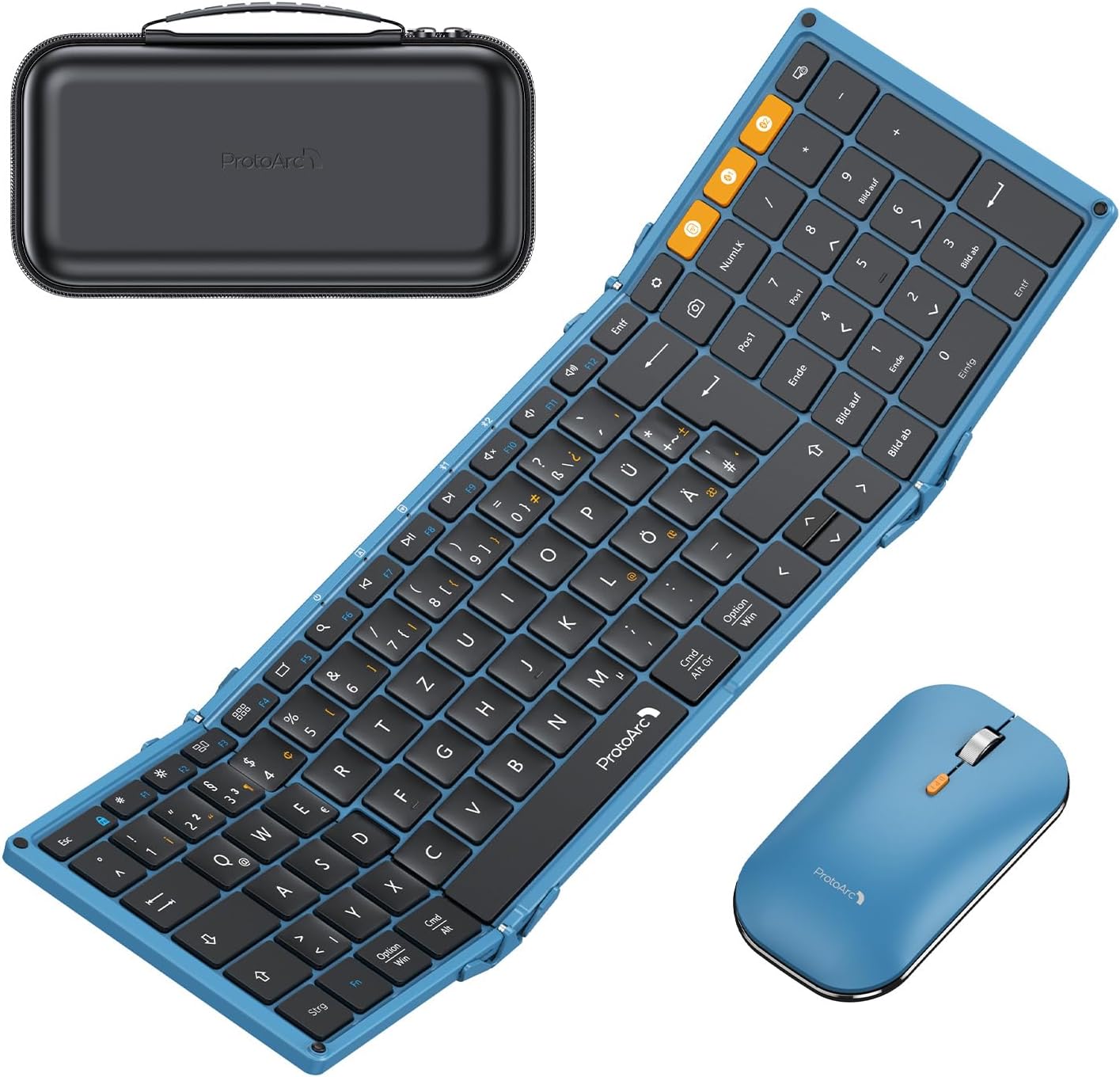 ProtoArc XKM01 blue tri-fold Bluetooth keyboard, DE layout, with mouse and case.