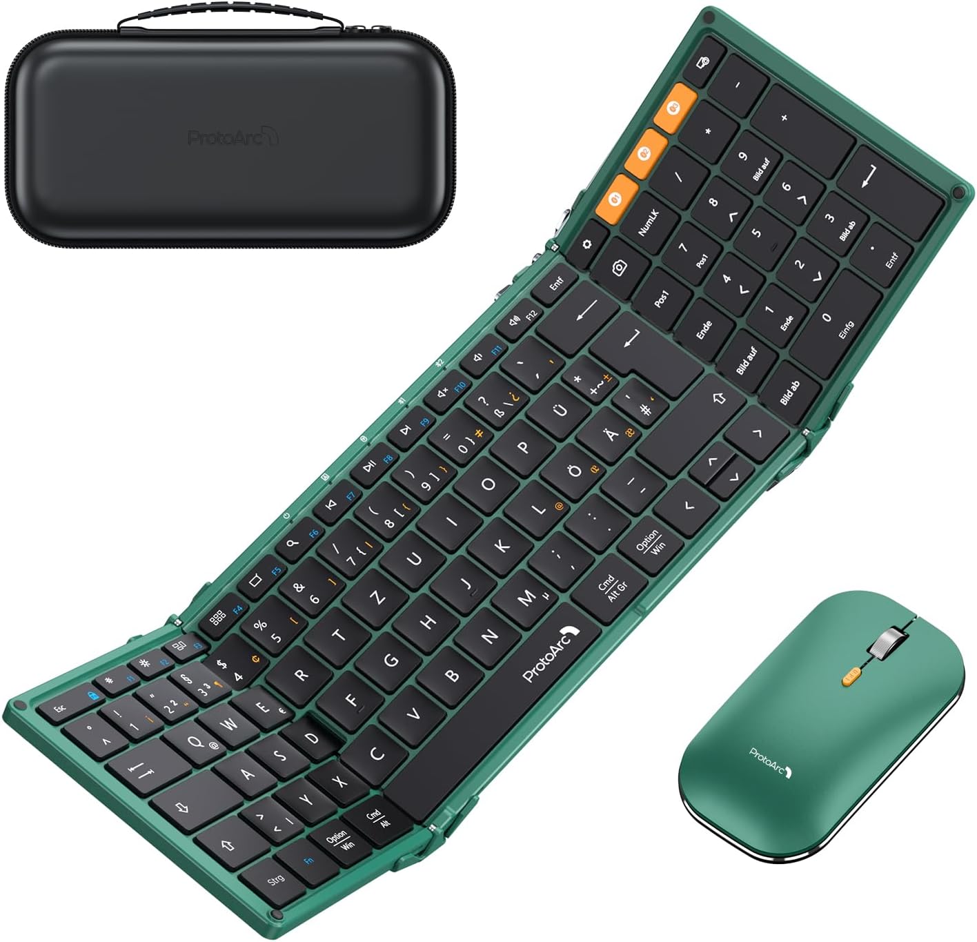 ProtoArc XKM01 green tri-fold Bluetooth keyboard DE layout with mouse and case