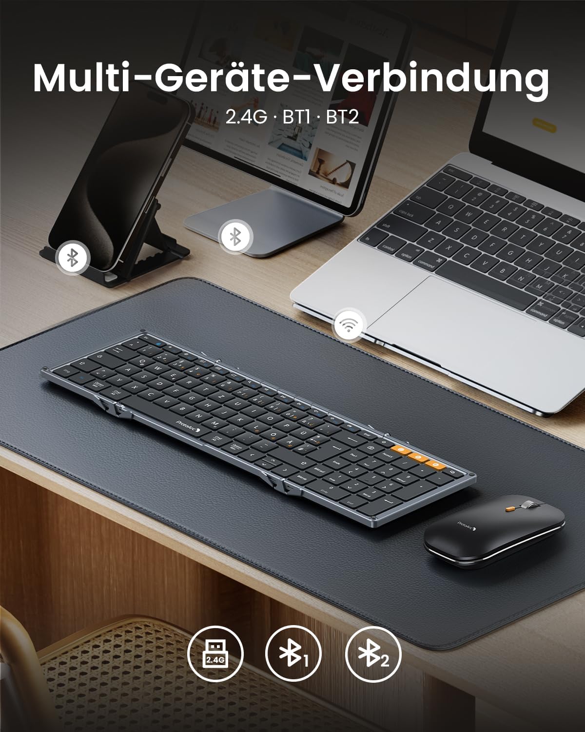 XKM01 Tri-Fold Keyboard and Mouse setup showing multi-device connectivity to laptop and smartphone.