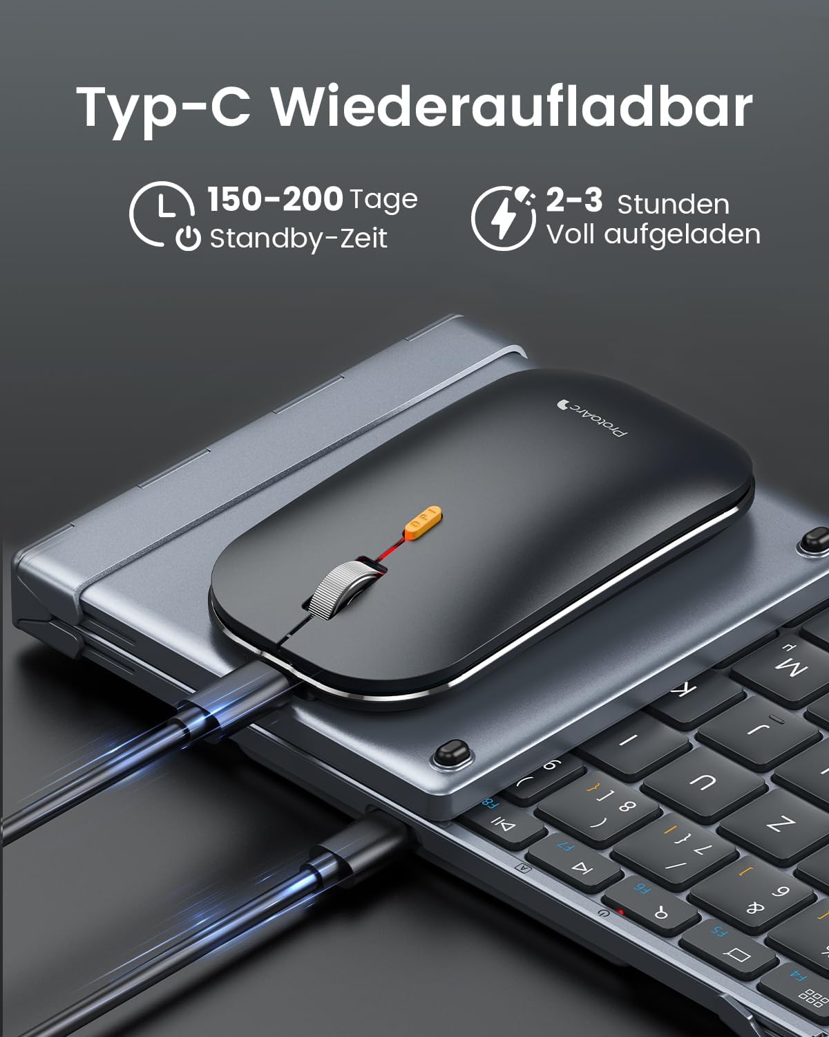 XKM01 Tri-Fold Keyboard and Mouse charging via USB-C. Features 150-200 days standby and 2-3 hour full charge.