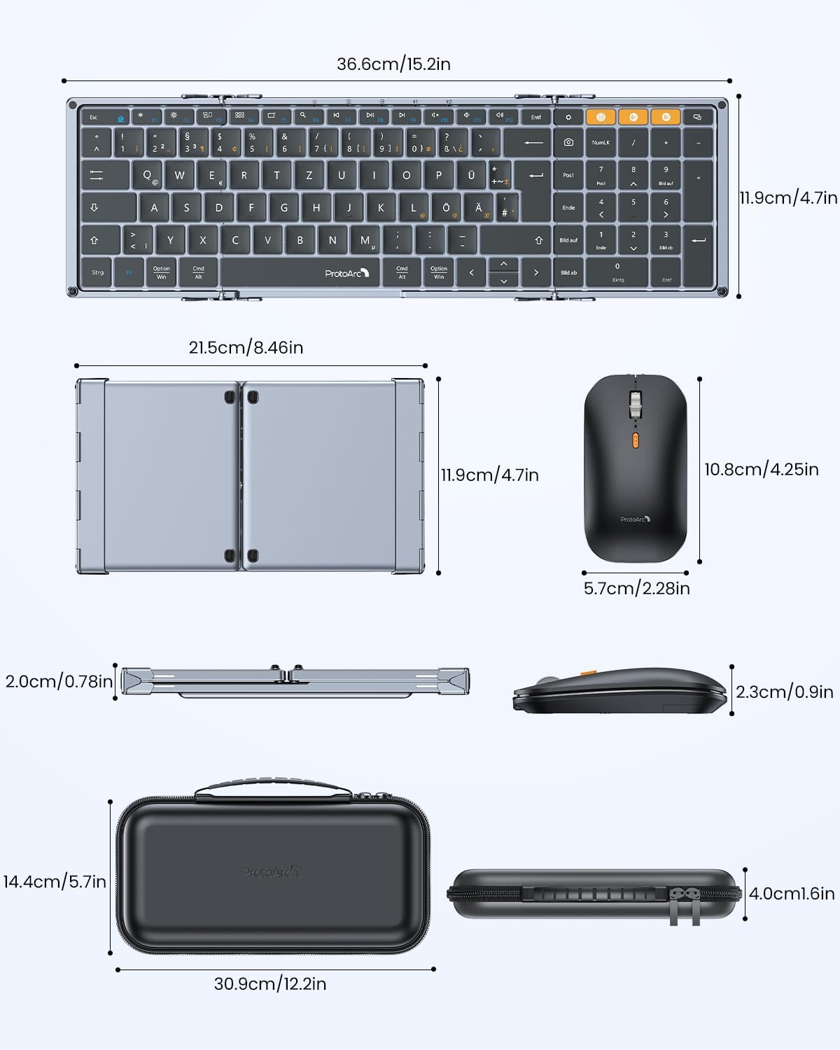 XKM01 Tri-Fold Keyboard & Mouse DE layout: dimensions of expanded, folded keyboard, mouse, and case.