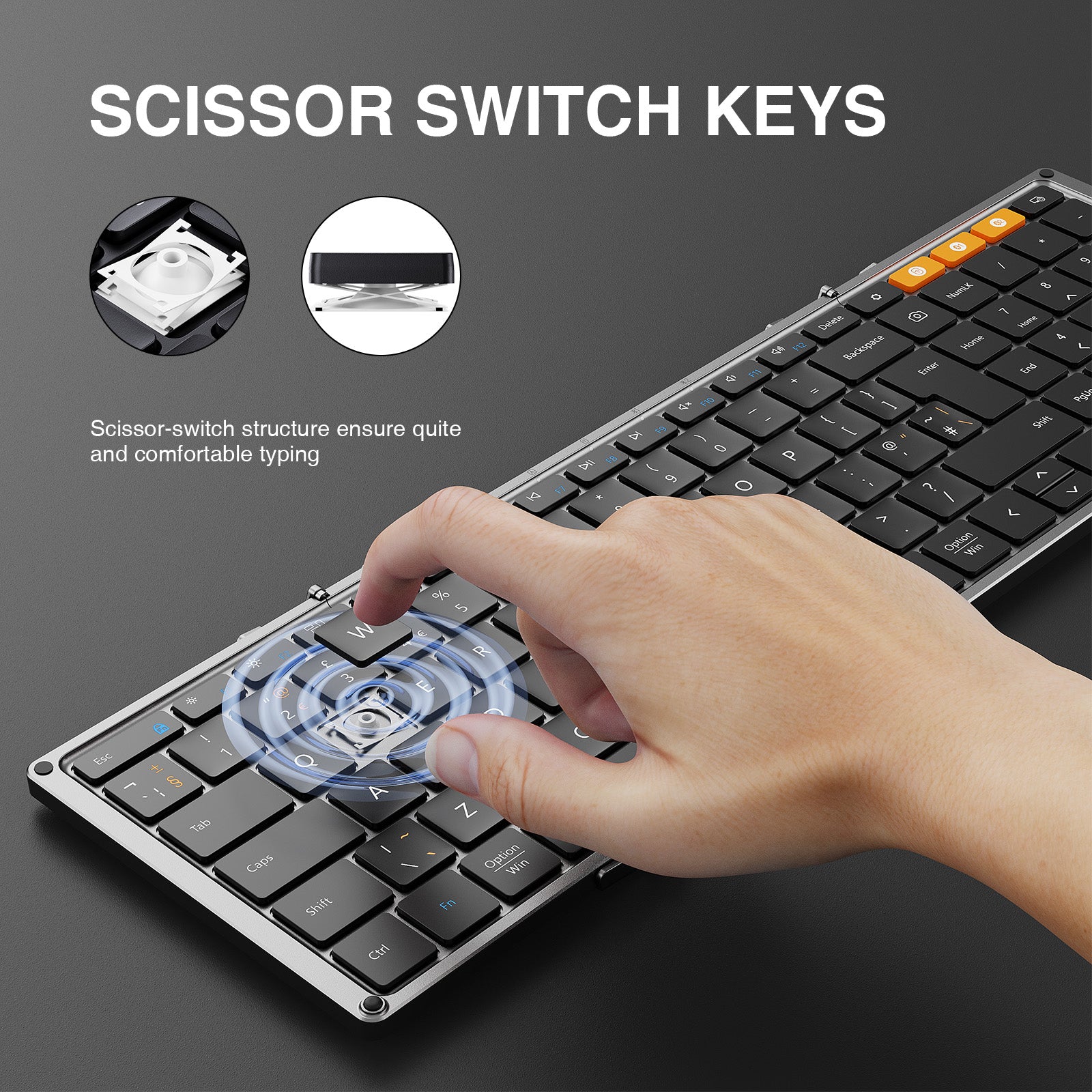 XKM01 Bluetooth keyboard close-up showing scissor-switch keys for quiet and comfortable typing.