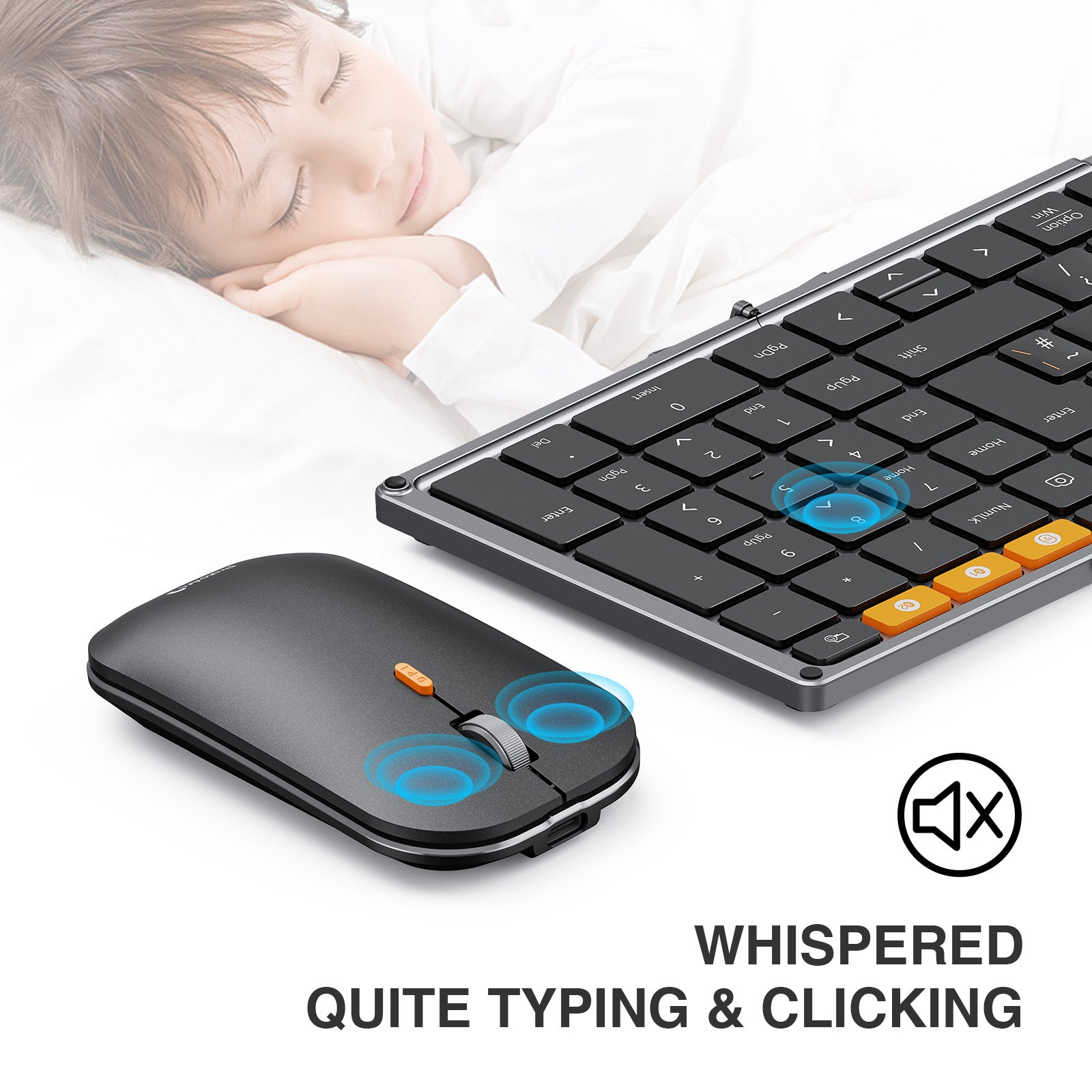 XKM01 Tri-Fold Bluetooth Keyboard and ergonomic mouse, promoting quiet typing next to sleeping child.
