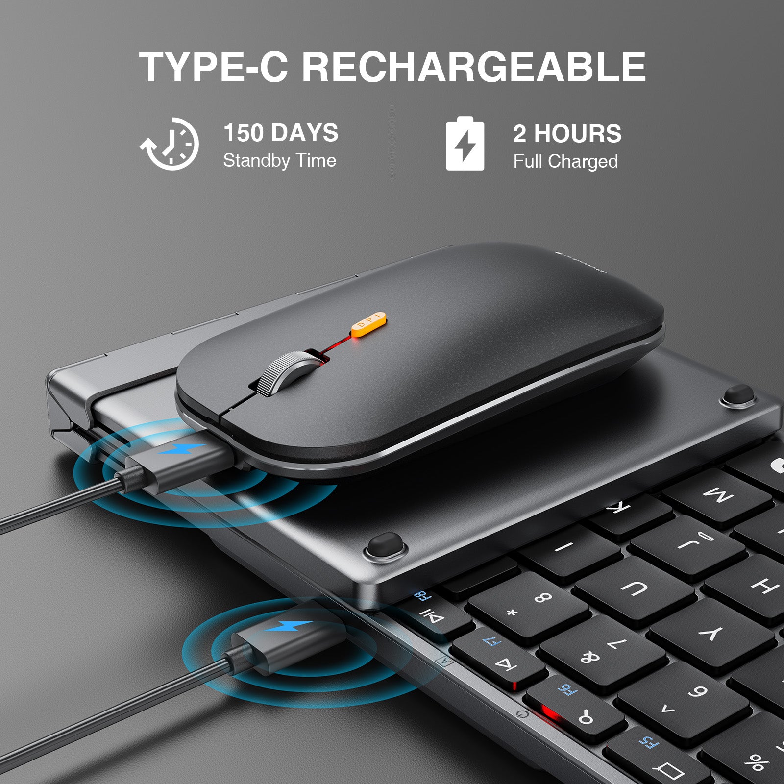 XKM01 Tri-Fold Bluetooth Keyboard and ergonomic mouse charging via USB-C, highlighting 150 days standby time.