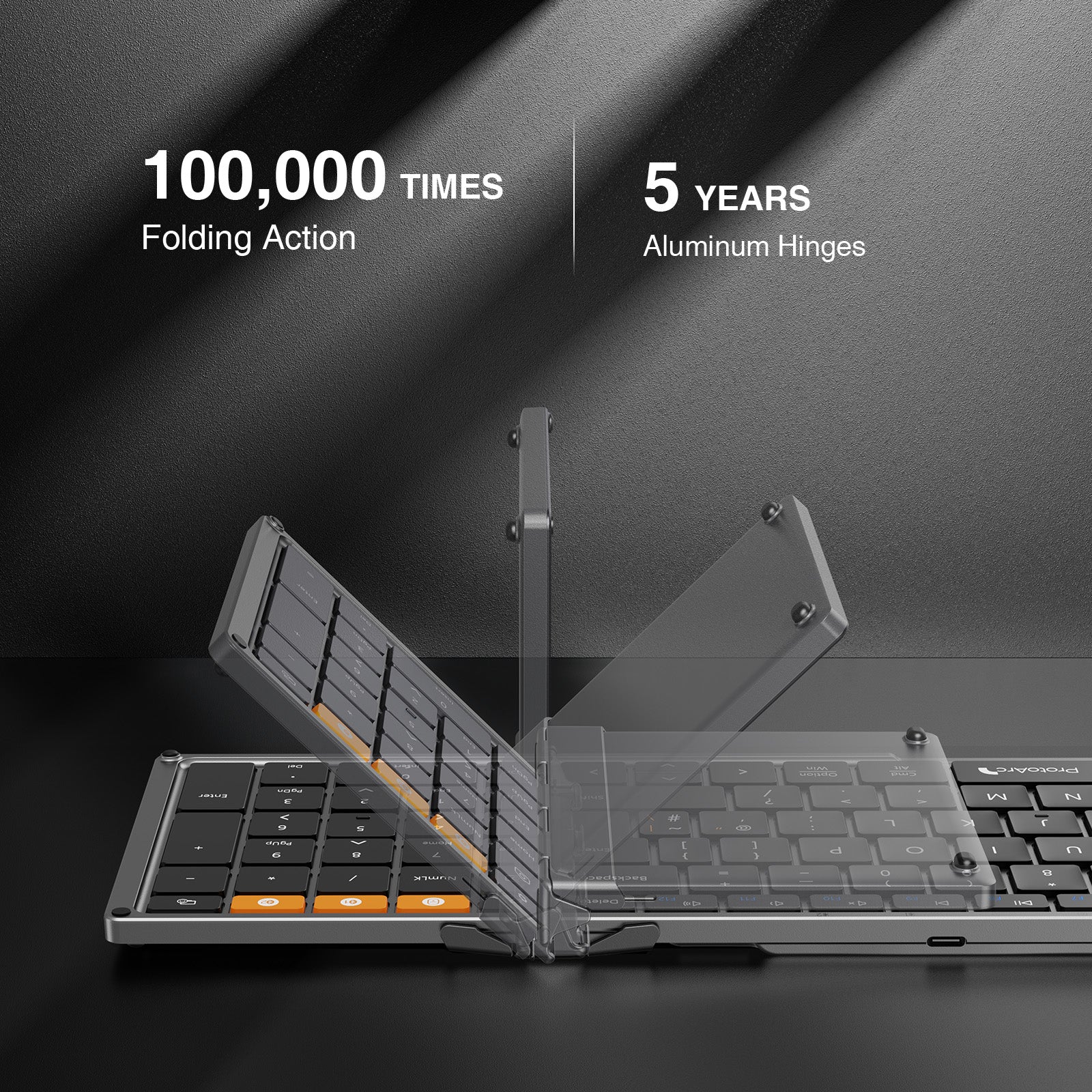 XKM01 Tri-Fold Bluetooth Keyboard showing durable folding mechanism, 100,000 folding actions, 5-year aluminum hinges.