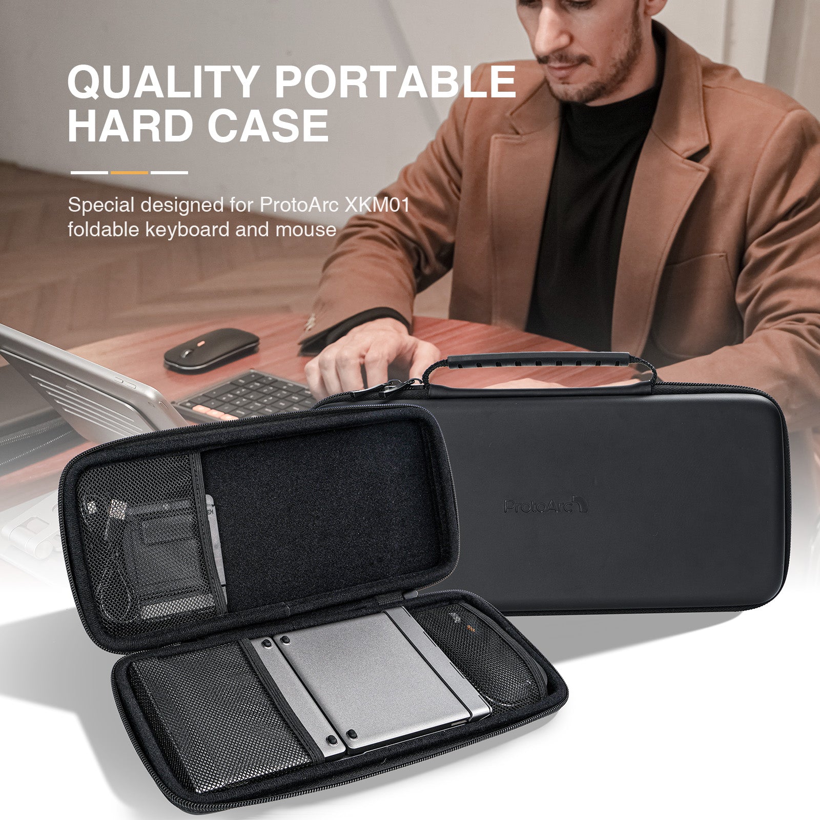 Open black carrying case showing ProtoArc XKM01 tri-fold keyboard and mouse, with accessories stored inside.