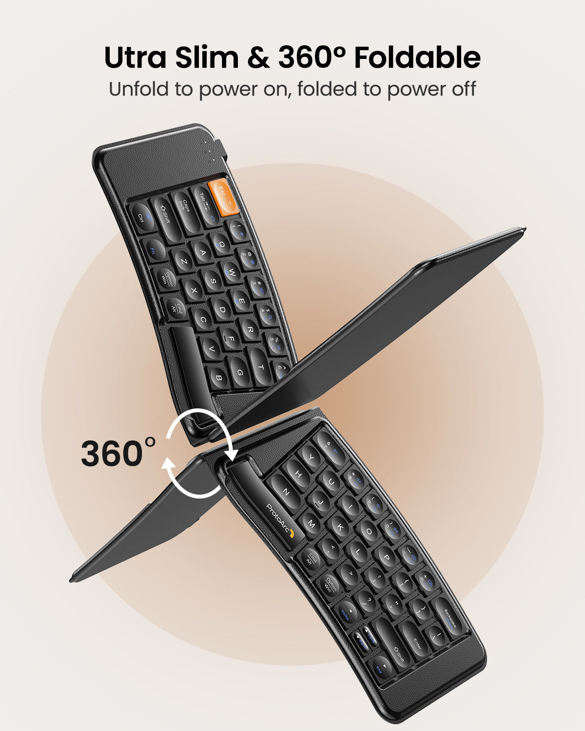 Black foldable Bluetooth keyboard in two states: unfolded and folded at 360 degrees.