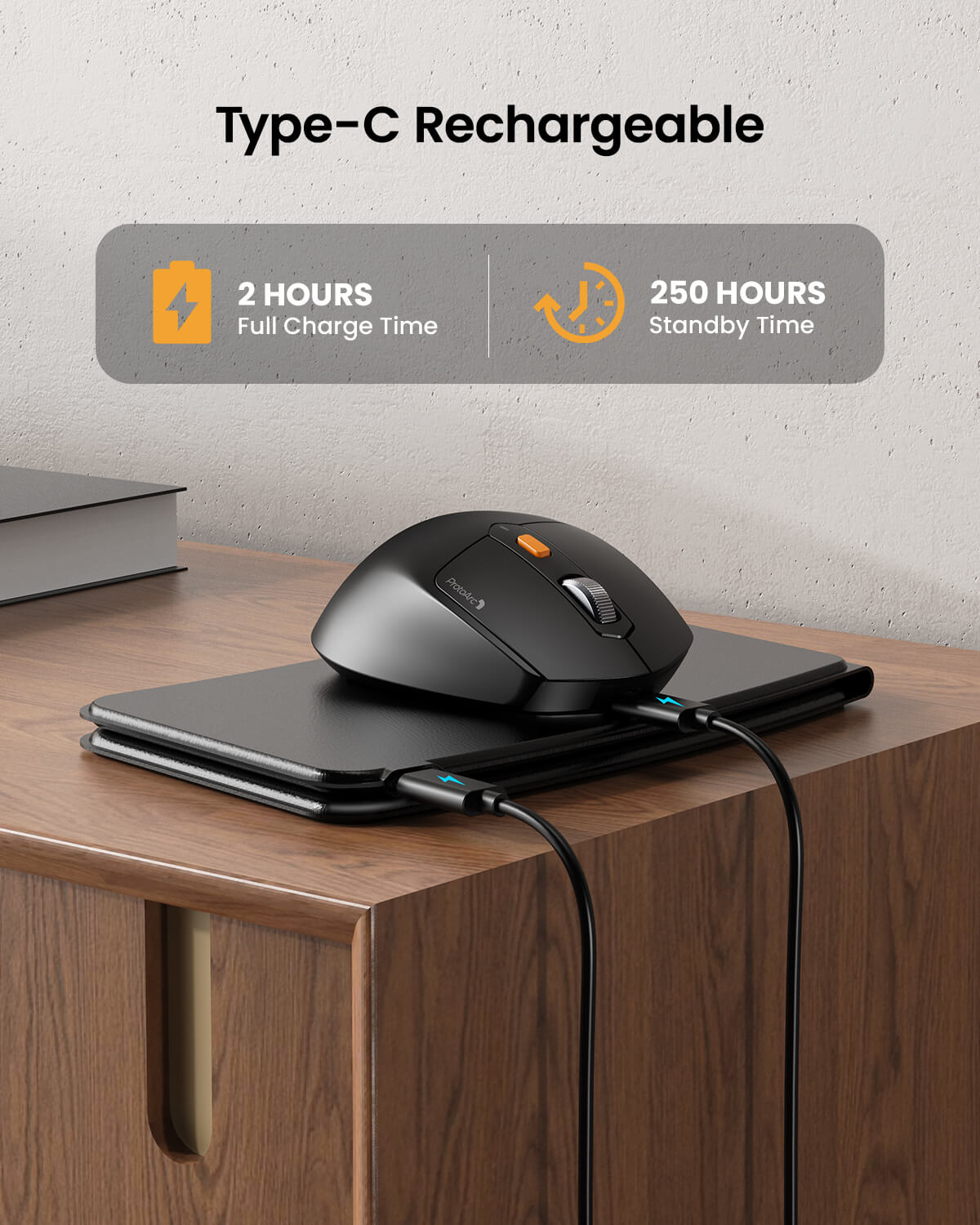 ProtoArc XKM03 ergonomic mouse Type-C charging, 2-hour full charge, 250-hour standby time