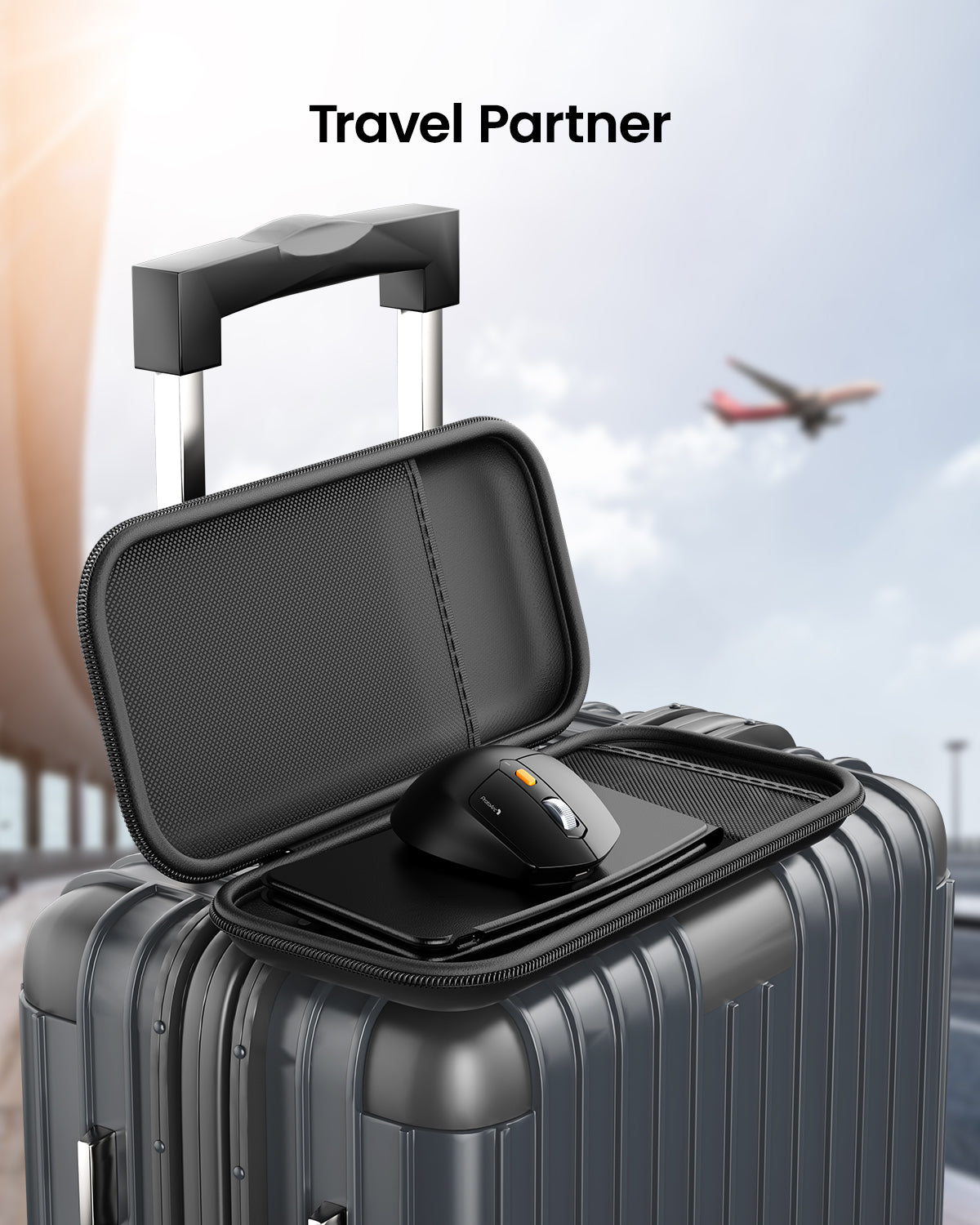 ProtoArc ergonomic foldable keyboard combo travel case with mouse on a suitcase, airplane in background.