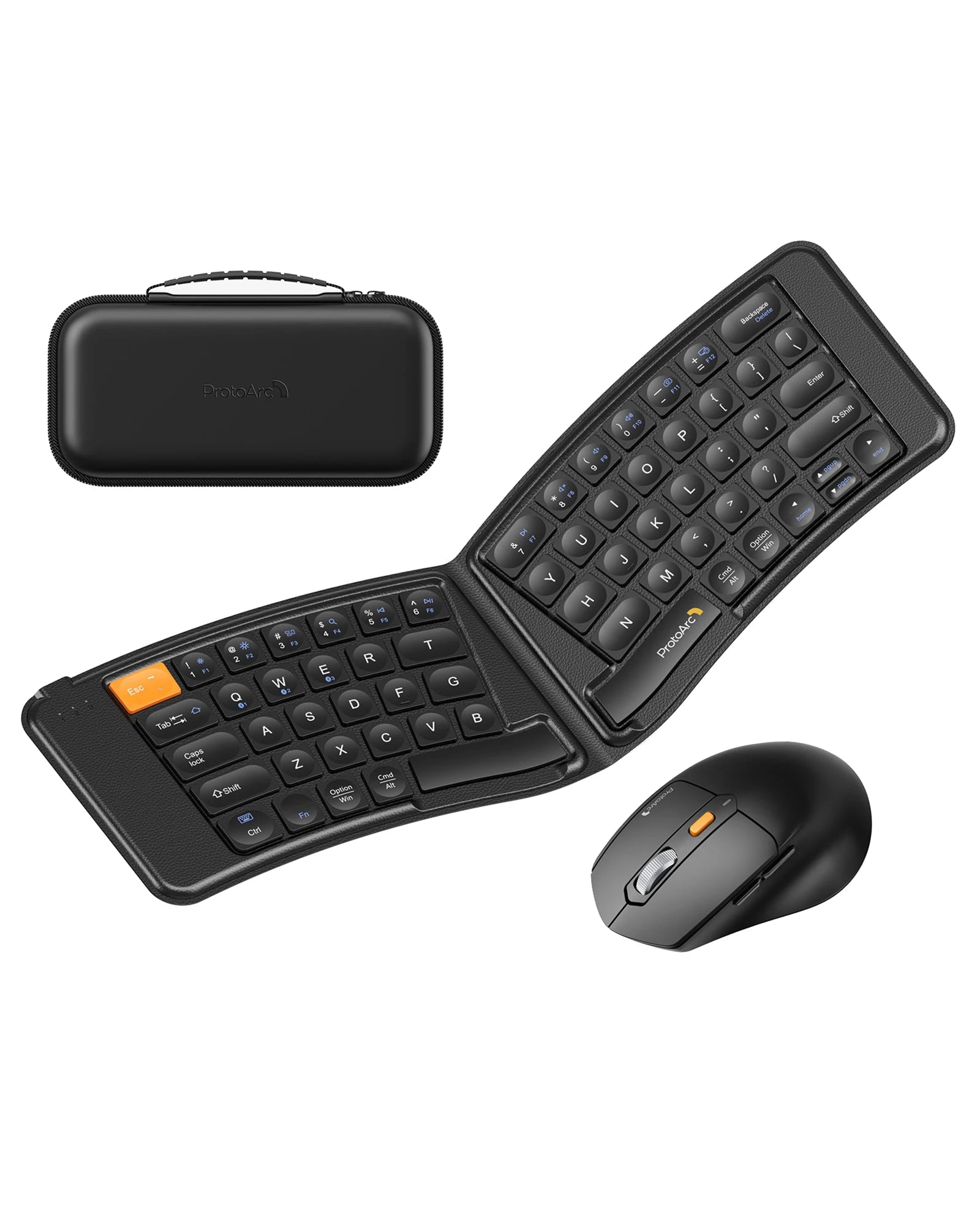 Black ergonomic foldable Bluetooth keyboard and mouse combo with travel case